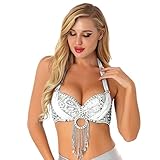 Nyeemya Brillantes Sujetador Mujer Neckholder Top De Danza del Vientre Borla con Cuentas Sostén Ropa De Baile Blanco M