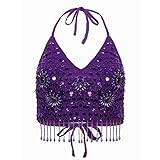 Yeahdor Top Danza del Vientre con Lentejuelas para Mujer Sujetador Brillante Bra Top Cabestro Cuello Pico con Borla Ropa Bailarina Fiesta A Morado...